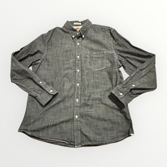 Levi’s Men’s Button Down Shirt XL Black Gray Chambray Long Sleeve Slim Fit Cotto - Picture 5 of 16